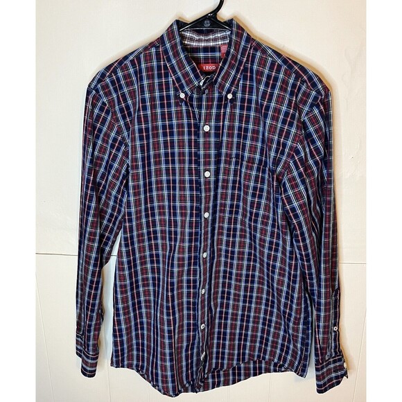 Izod Mens Small Blue Red Plaid Long Sleeve Button Down Dress Shirt Used - Picture 1 of 7